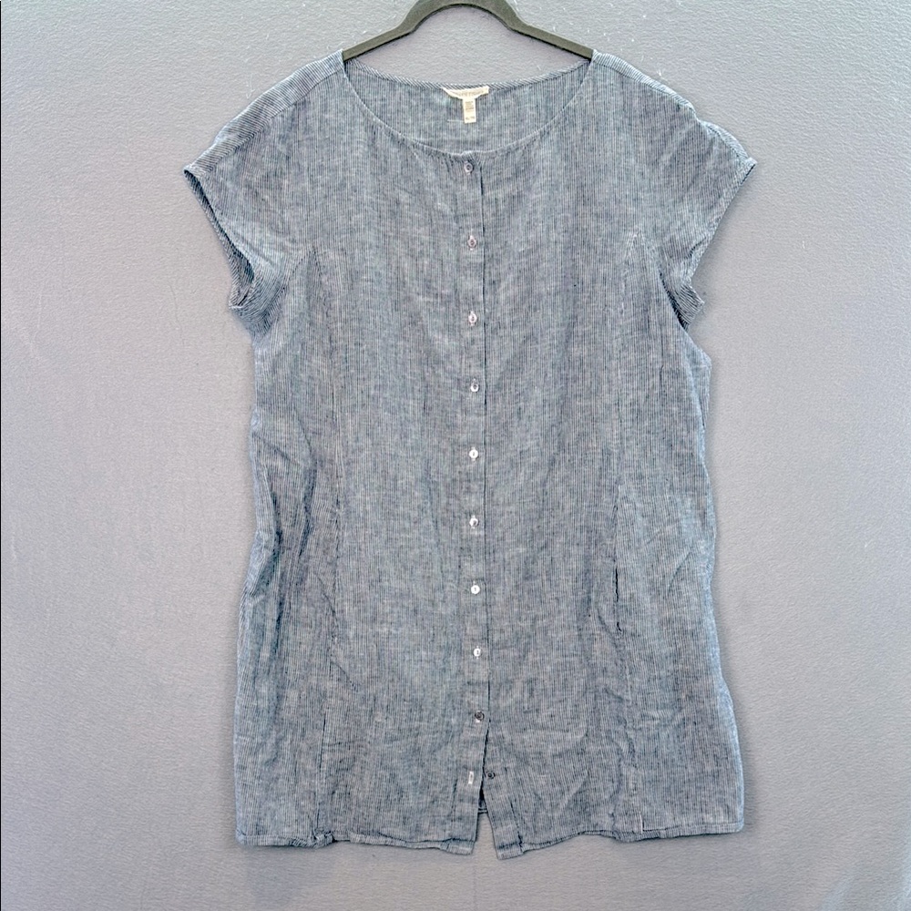 Eileen Fisher Women’s Hemp & Cotton strips Blue white short Sleeve Mini Dress XL